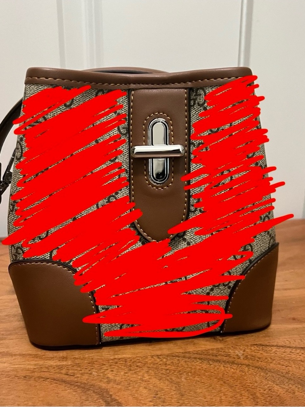 Women's Brown Leather-Trim Crossbody Bucket Bag